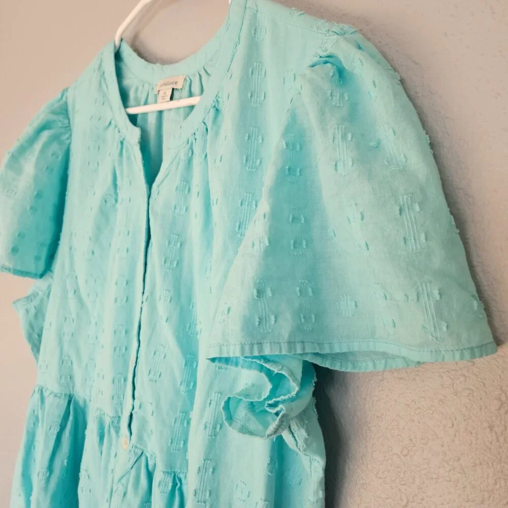 Sundance Sienna Breeze Dress Turquoise XL Button Front Boho Chic Flowy Cottage